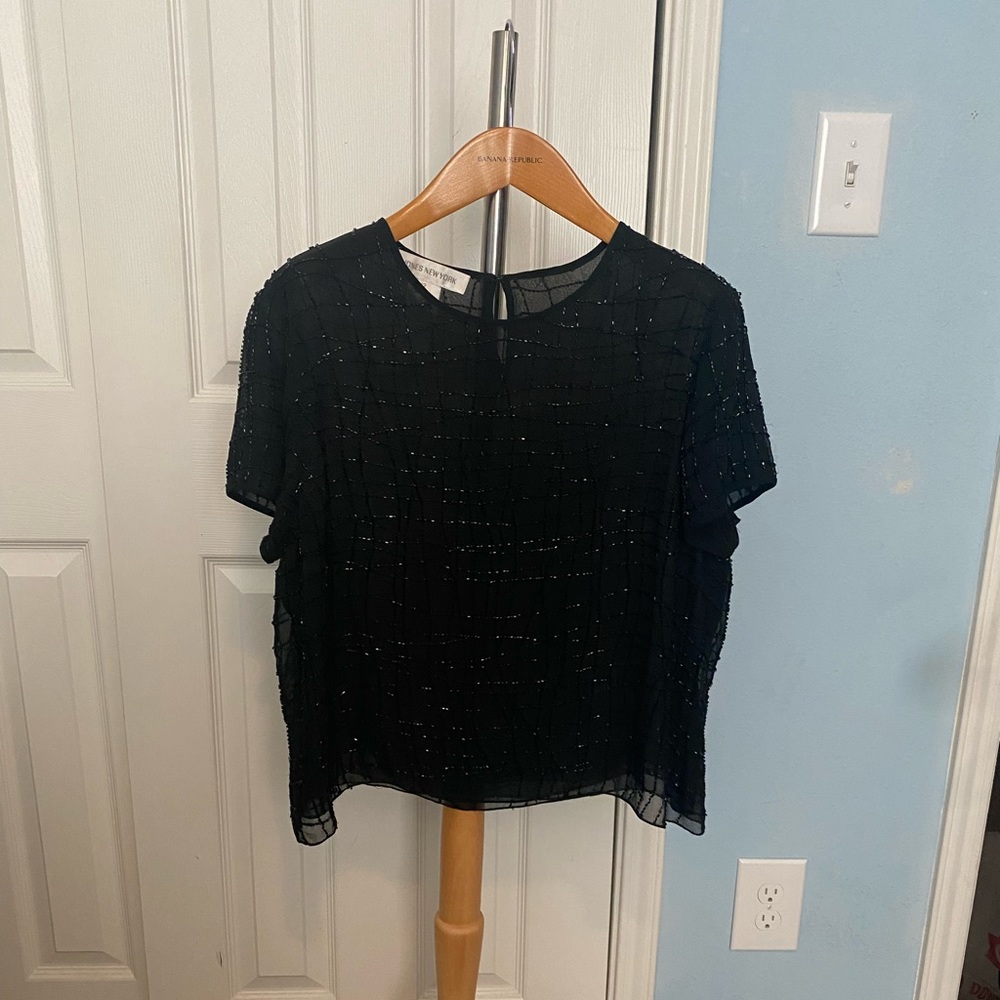 Jones New York size 12 black sheer beaded shirt sleeve blouse
